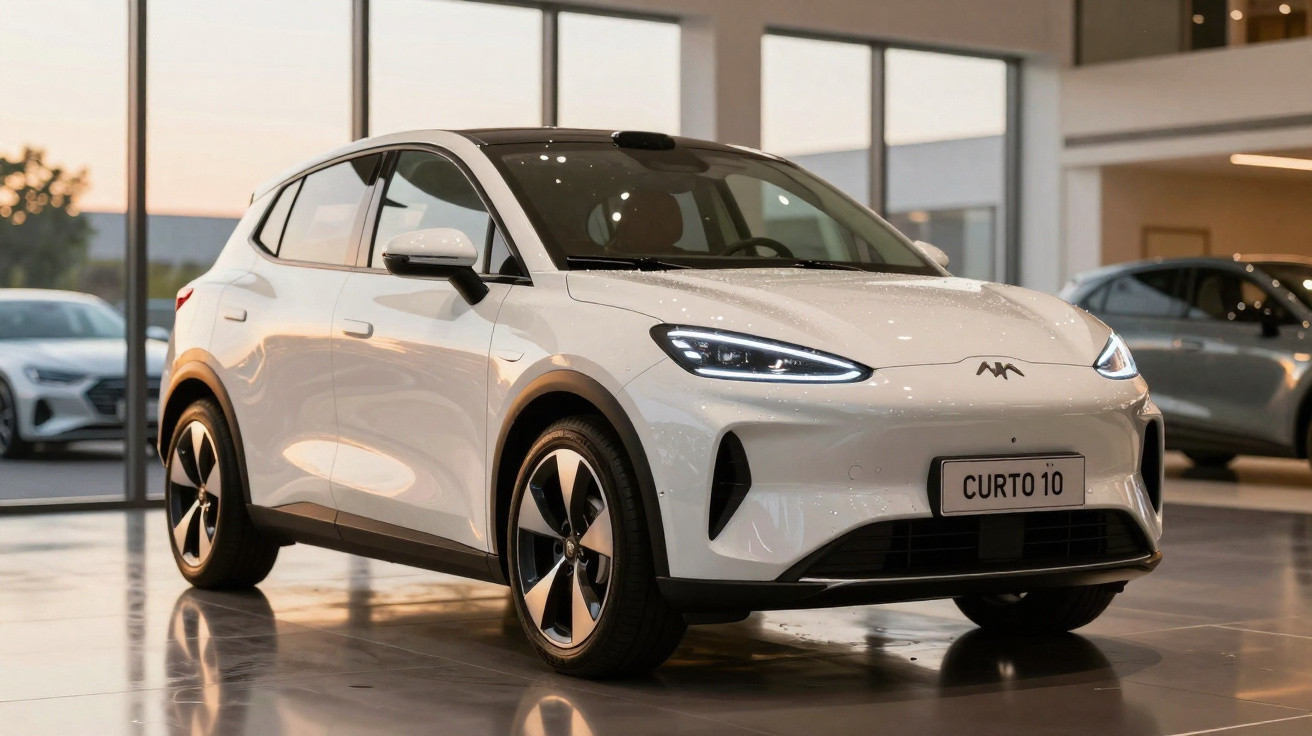 Carro elétrico branco modelo Curto 10 apresentado num salão automóvel moderno com luz natural.