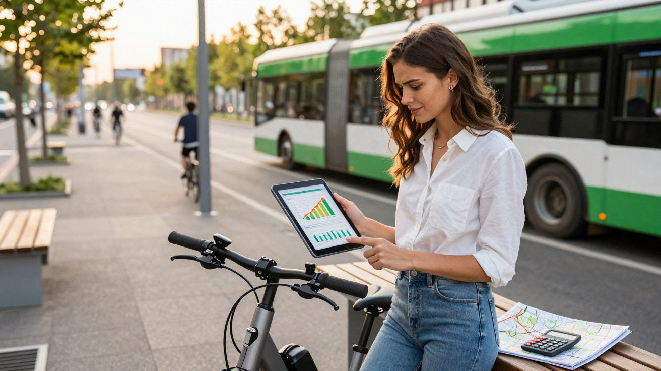 Mulher com bicicleta na rua consulta gráficos em tablet, com autocarro verde ao fundo numa cidade.