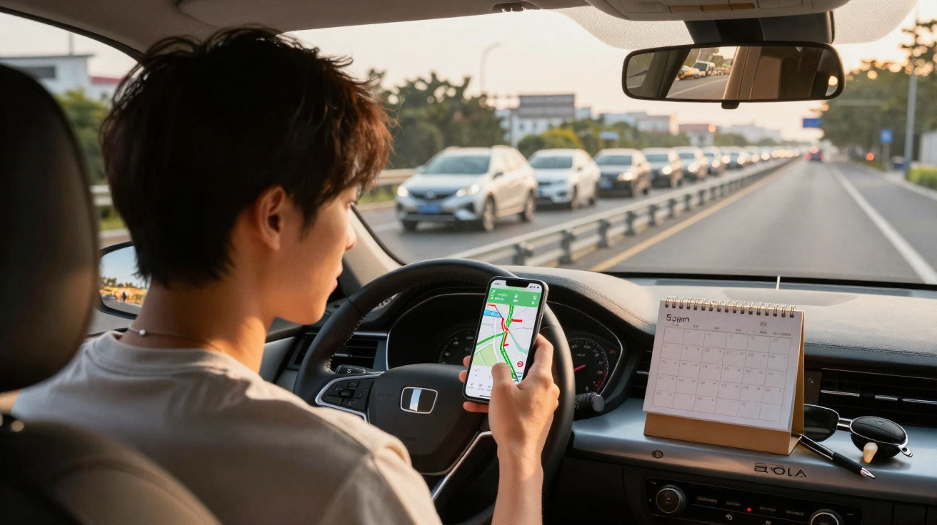 Homem dentro de carro usa telemóvel com aplicativo de mapas para navegação durante trânsito intenso ao entardecer.