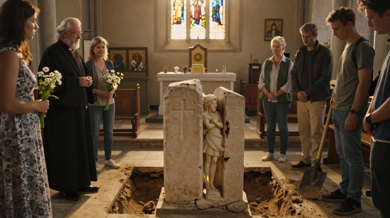 Oito pessoas em igreja com lápide escavada com uma escultura de anjo, algumas seguram flores.