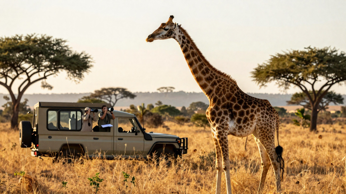 Girafa em pé na savana ao lado de jipe com turistas a observar e fotografar animais durante safári.