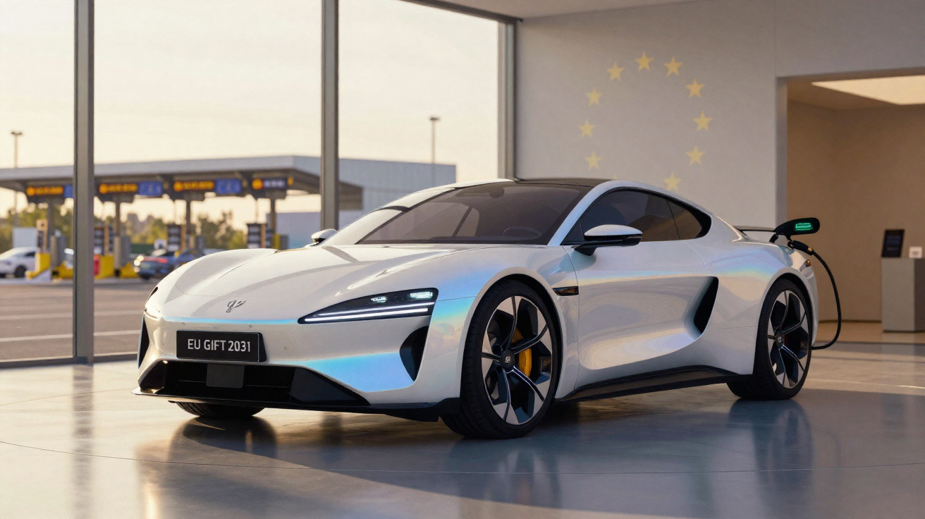 Carro elétrico desportivo branco a carregar numa estação de carregamento com selo da UE ao fundo.