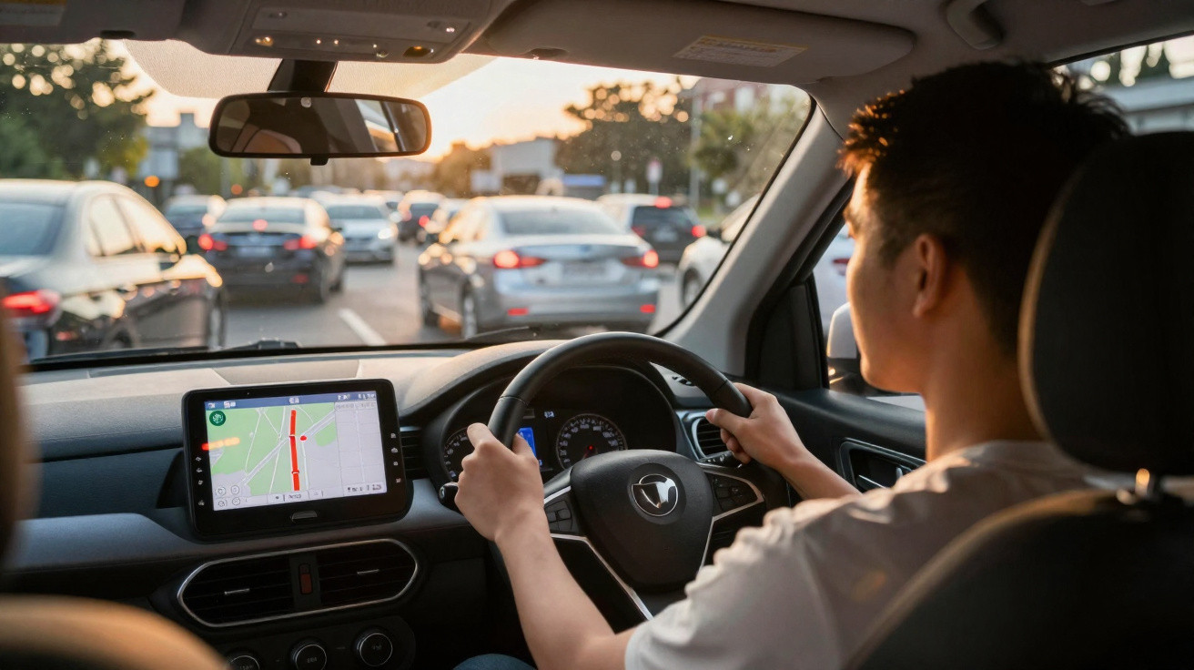 Condutor masculino ao volante com GPS a mostrar trânsito num carro numa estrada com trânsito intenso ao pôr do sol.