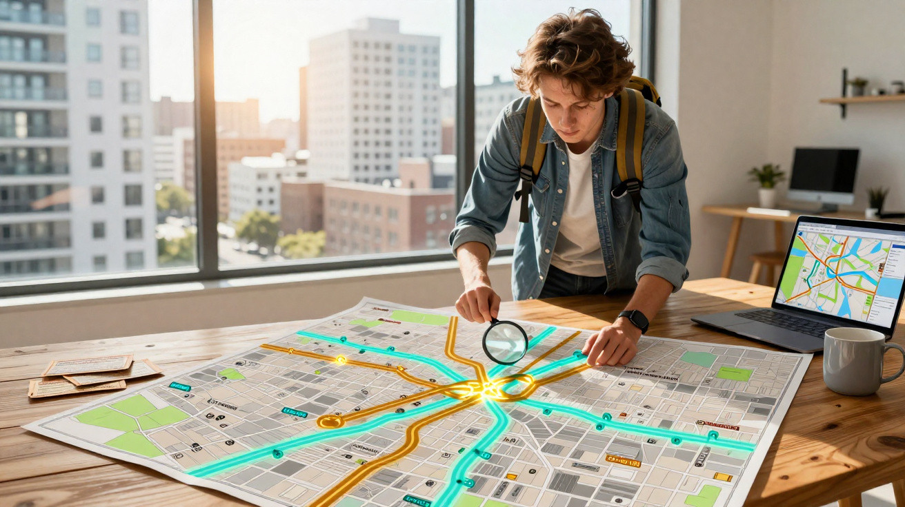 Jovem analisa mapa grande com lentes de aumento, com computador e vista de cidade ao fundo.