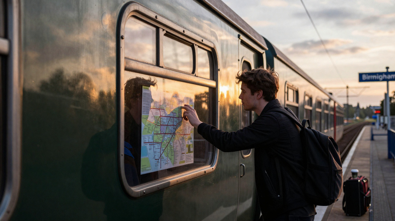 Homem consulta mapa numa janela lateral de comboio parado na estação de Birmingham ao pôr do sol.