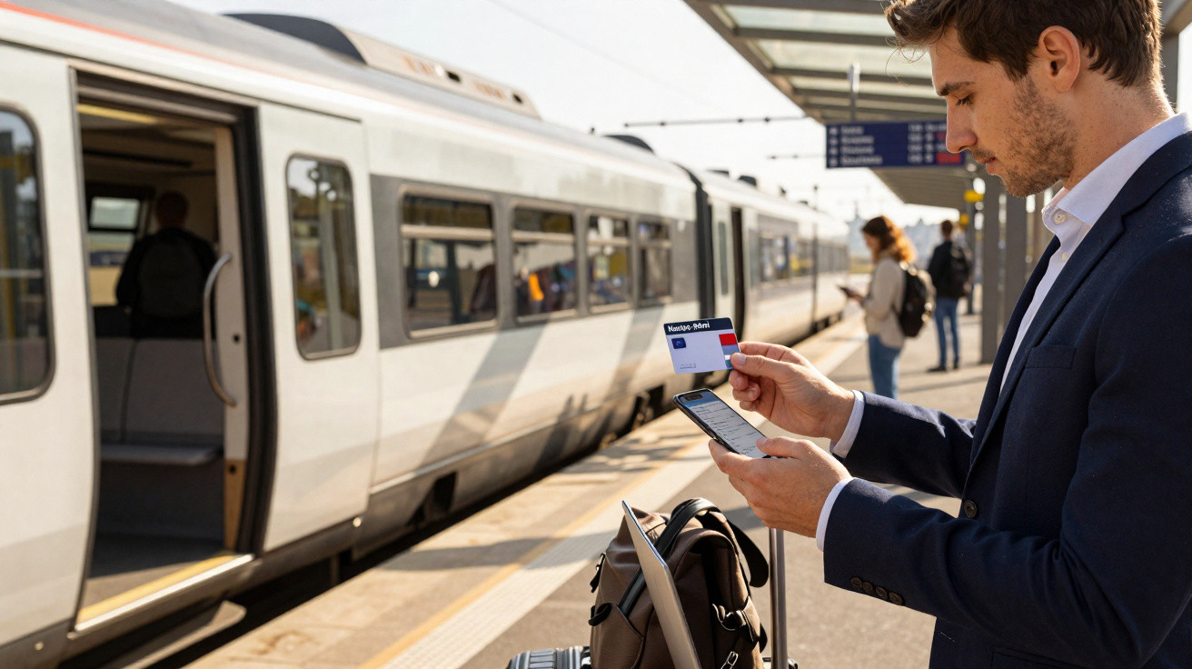 Homem de fato consulta cartão e telemóvel na estação enquanto espera pelo comboio.