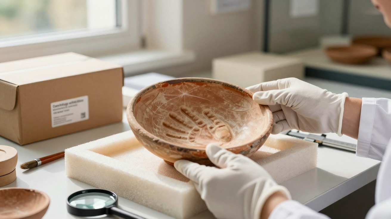 Mãos com luvas brancas a manusear um vaso cerâmico antigo num laboratório de conservação.