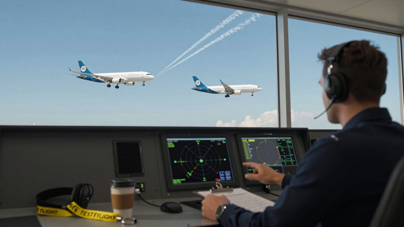 Controlador aéreo em torre observa dois aviões em chegada, com ecrãs de radar e equipamentos à sua frente.