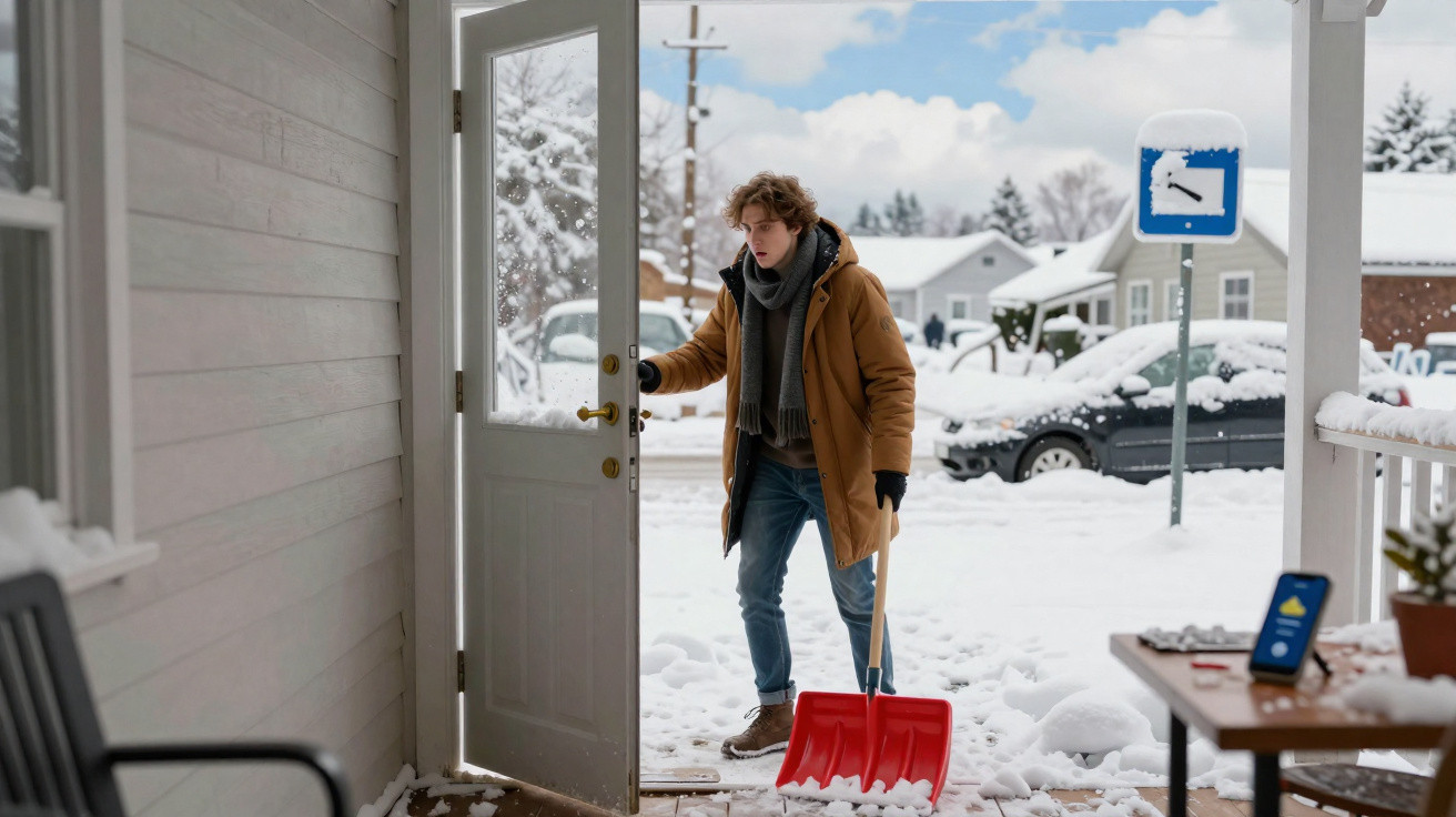 Homem com casaco abre porta de casa na neve segurando pá vermelha para limpar neve.