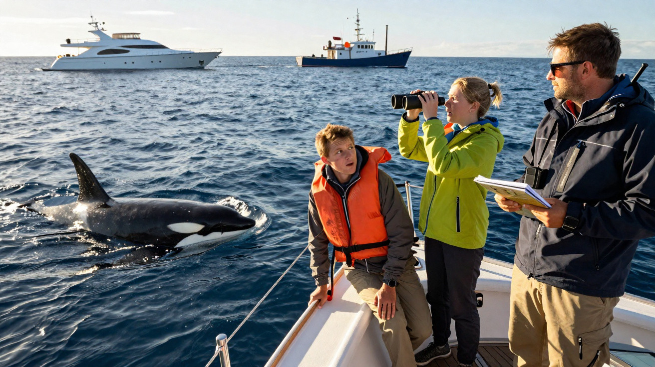 Três pessoas numa embarcação observam uma orca perto da superfície do mar com dois barcos ao fundo.