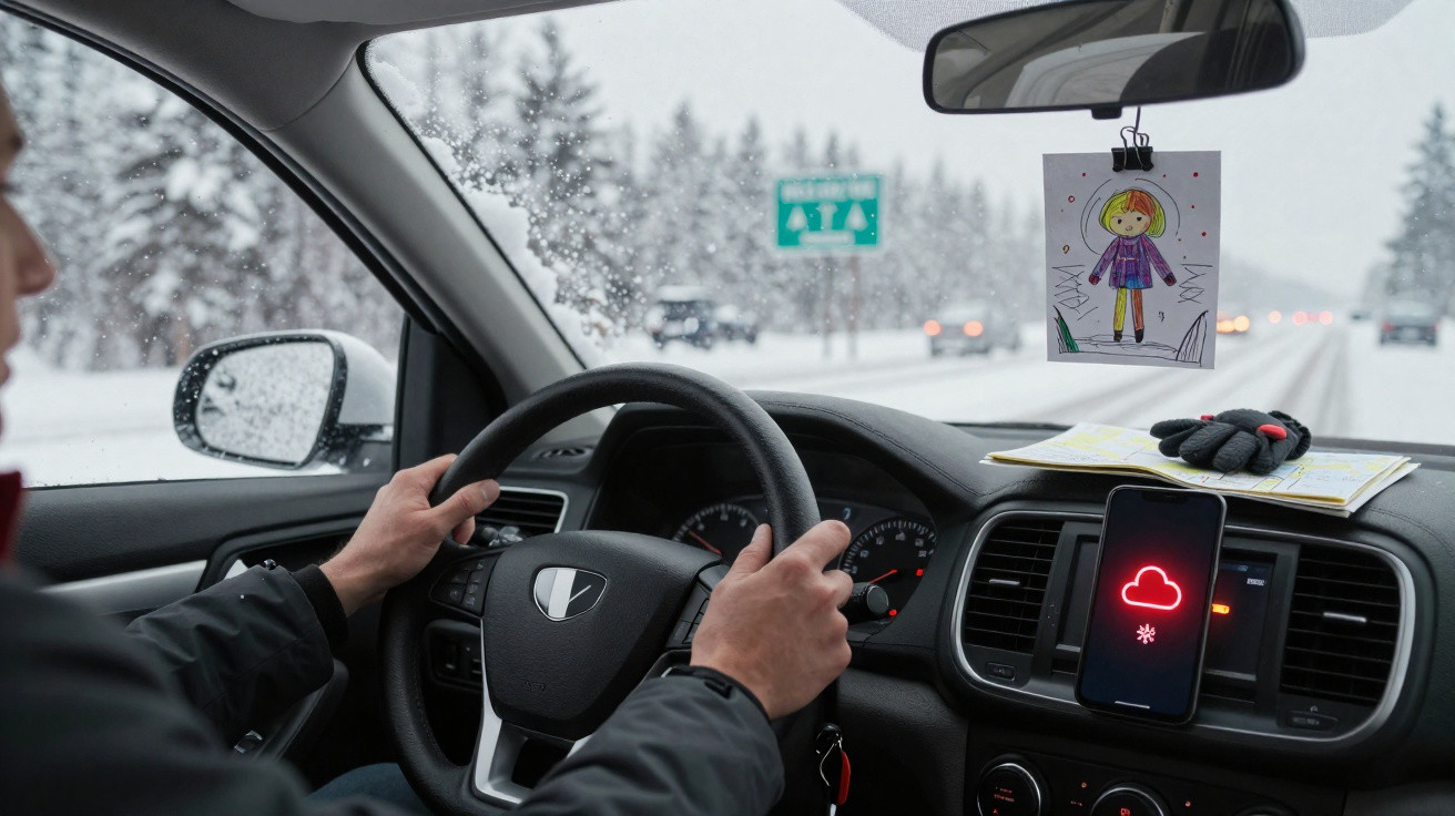 Interior de carro com condutor a guiar numa estrada nevada durante nevasca, com smartphone a mostrar alerta de neve.