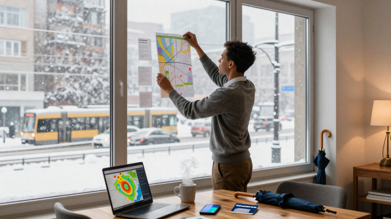 Homem a colocar mapa num vidro grande com neve e trânsito visíveis no exterior.