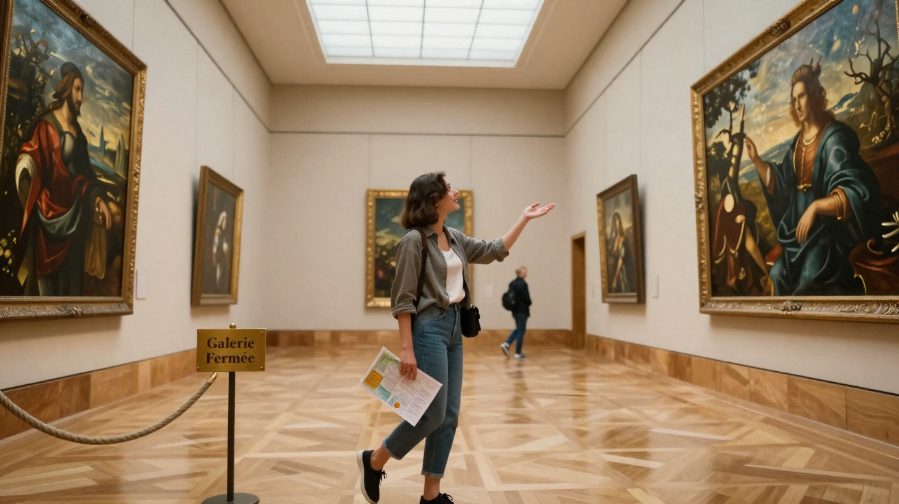 Mulher observa pinturas clássicas numa galeria de arte com chão de madeira e teto iluminado.