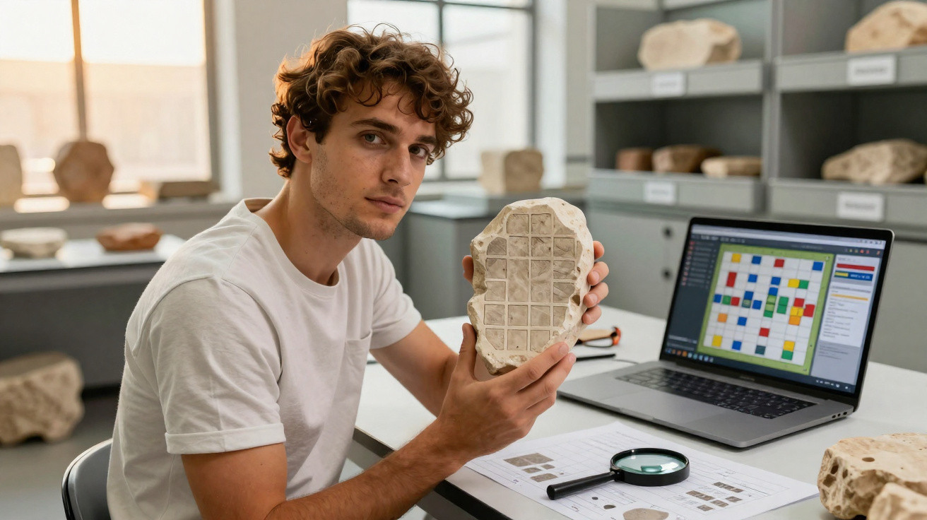 Jovem arqueólogo a examinar fragmento de pedra com padrões em laboratório com computador e lupa.