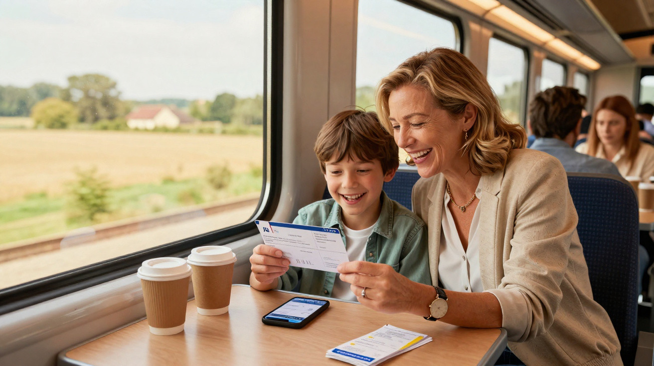 Mãe e filho sorridentes a olhar bilhete de comboio numa mesa com bebidas, dentro de um comboio em viagem.