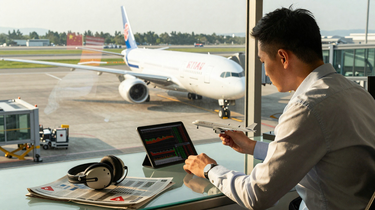 Homem observa avião no aeroporto segurando miniatura, com laptop e auscultadores numa mesa junto à janela.