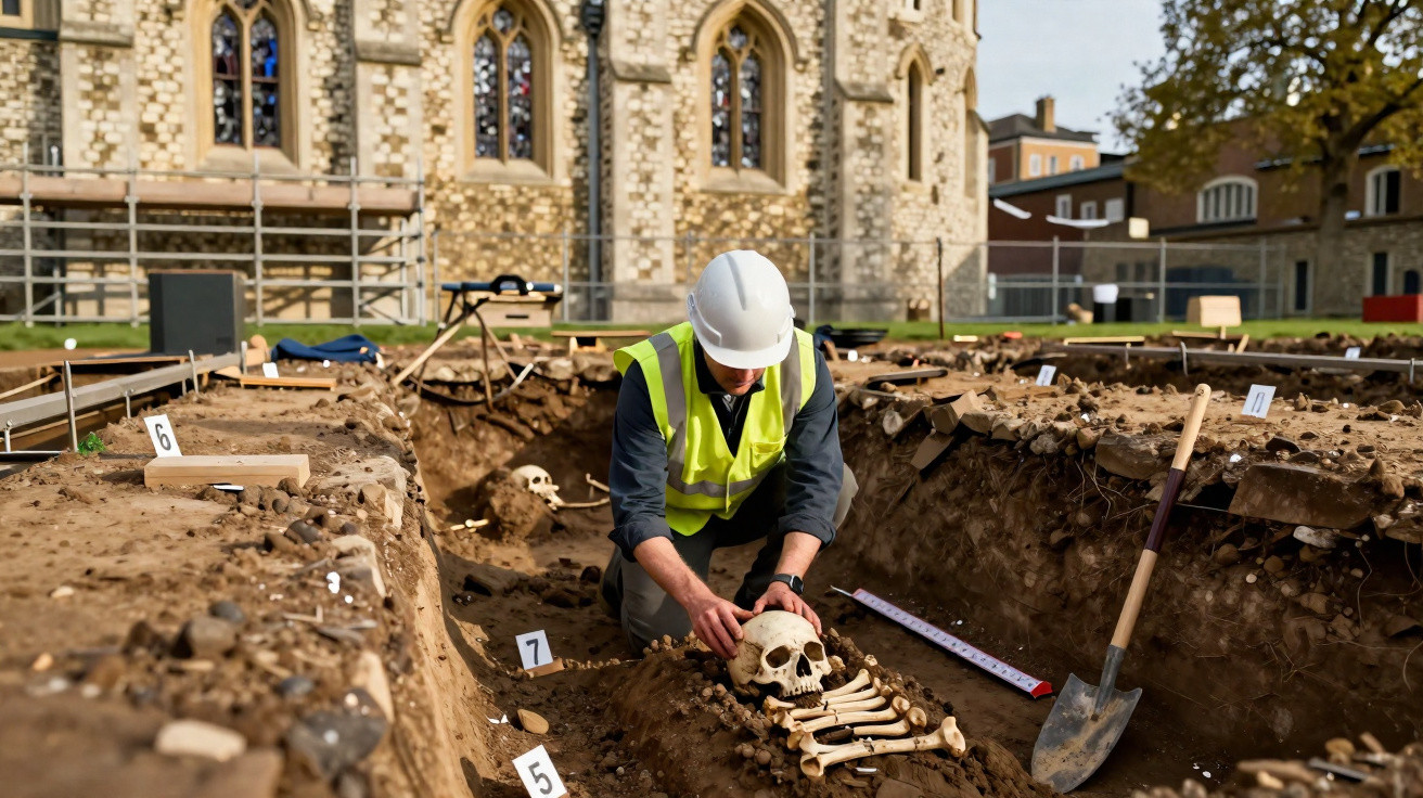 Arqueólogo escavando e examinando um esqueleto humano numa cova junto a um edifício histórico.