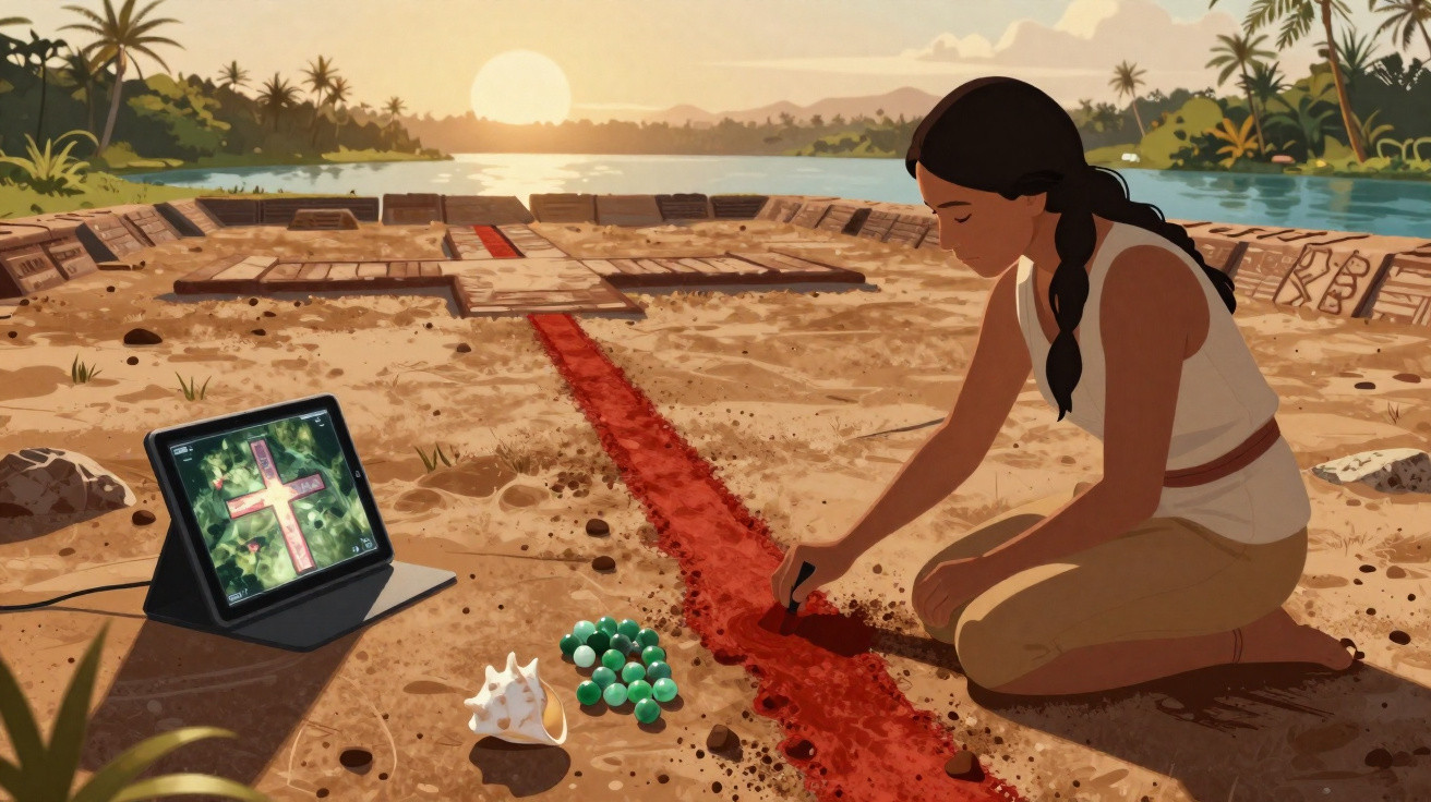 Mulher desenha cruz vermelha no chão de terra ao pôr do sol, com tablet ao lado mostrando cruz.
