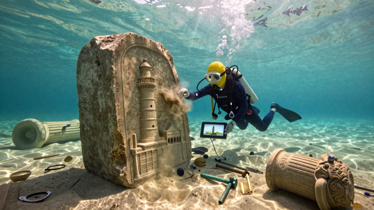 Mergulhador a limpar e estudar uma escultura subaquática de um farol e ruínas antigas no fundo do mar.