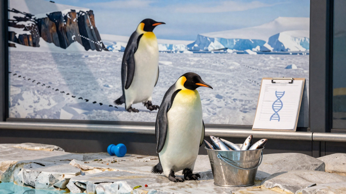 Pinguim junto a balde com peixes, com imagem de pinguim e DNA ao fundo em ambiente gelado.