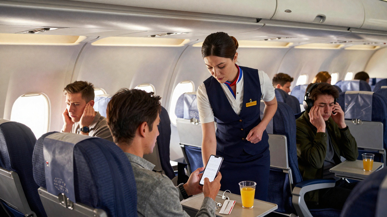 Assistente de voo serve passageiro com tablet, outros passageiros usam auscultadores no avião.