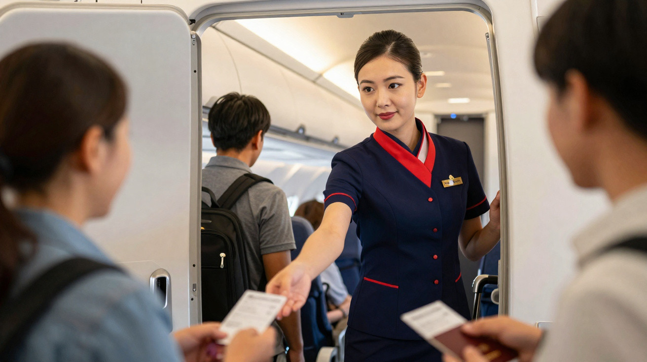 Comissária de bordo asiática verifica os cartões de embarque de dois passageiros na entrada do avião.
