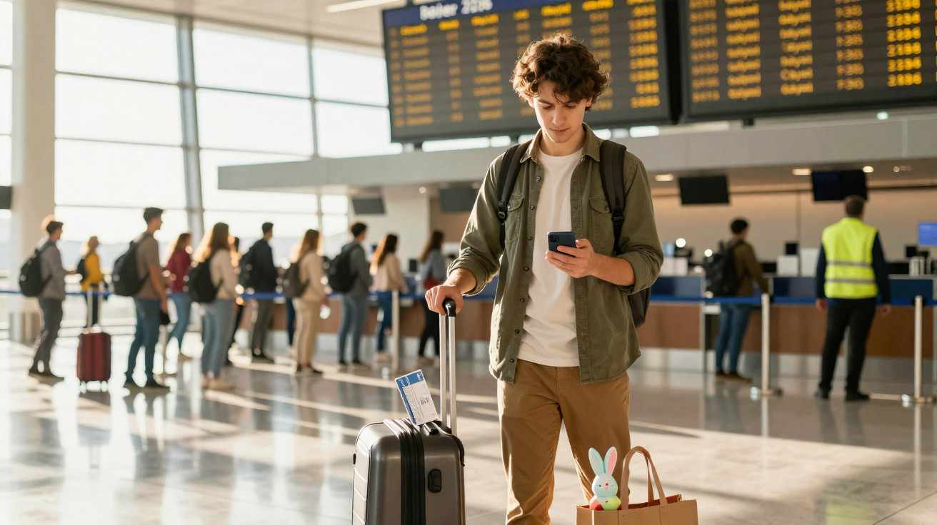 Jovem com mochila e mala a consultar o telemóvel no aeroporto, com pessoas e painel de voos ao fundo.