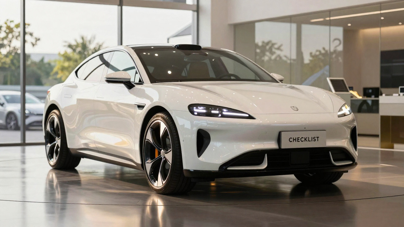 Carro elétrico esportivo branco em showroom moderno com luzes LED ligadas e roda preta brilhante.