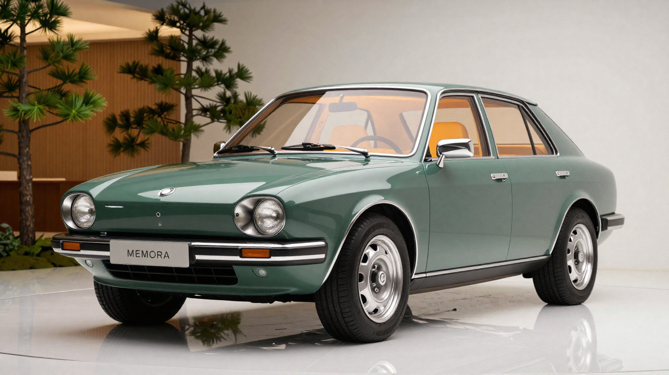 Carro clássico verde com faróis redondos, interior bege, numa sala moderna com plantas.