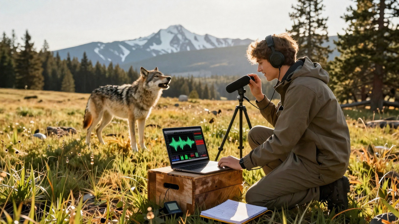 Jovem grava som de lobo numa paisagem montanhosa com neve, usando microfone e computador portátil.